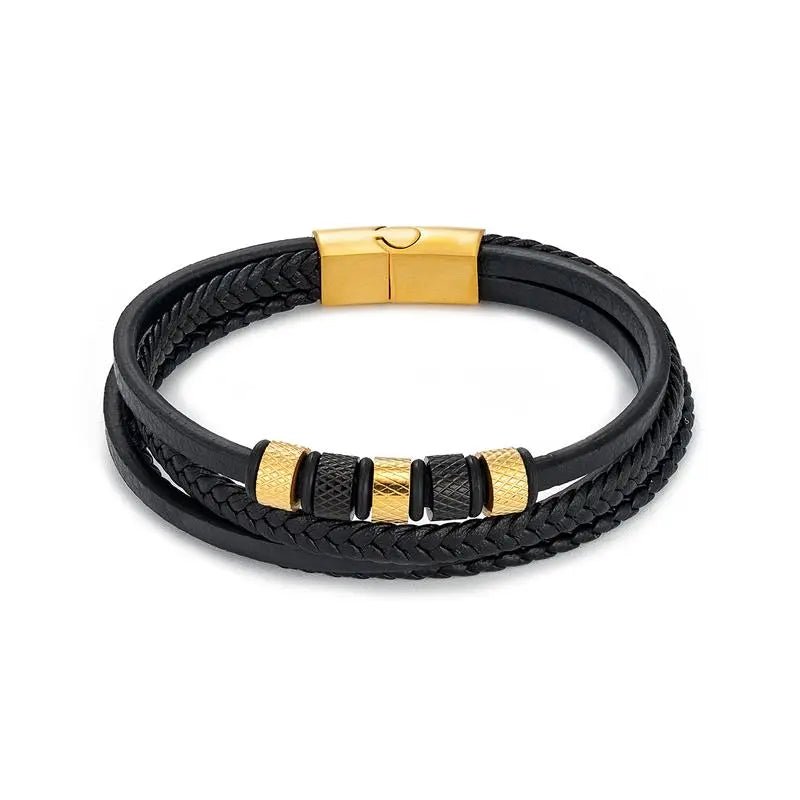 Bracelet Homme Cuir Luxe Multicouche Avec Perles - Bijoux De Lune