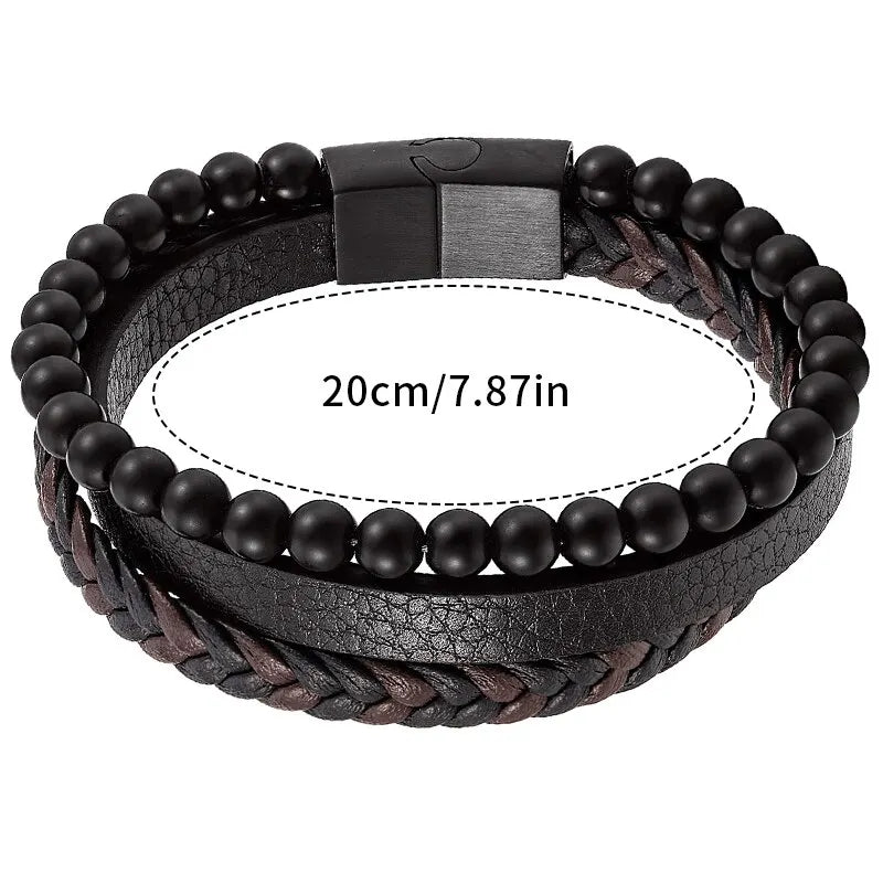 Bracelet Homme Cuir Luxe Multicouche Avec Perles En Obsidienne - Bijoux De Lune