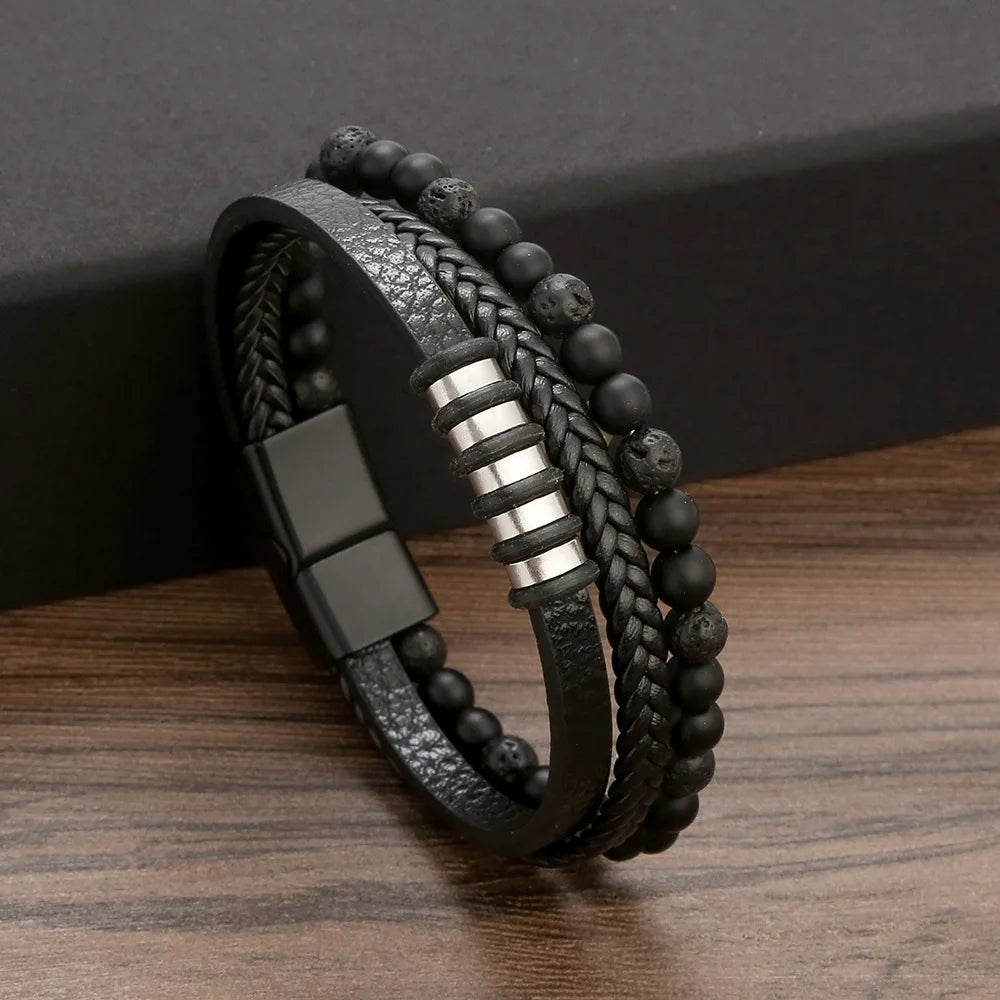 Bracelet Homme Cuir Luxe Multicouches Tissé À La Main - Bijoux De Lune