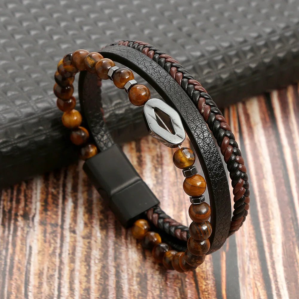 Bracelet Homme Cuir Luxe Multicouches Tissé À La Main - Bijoux De Lune