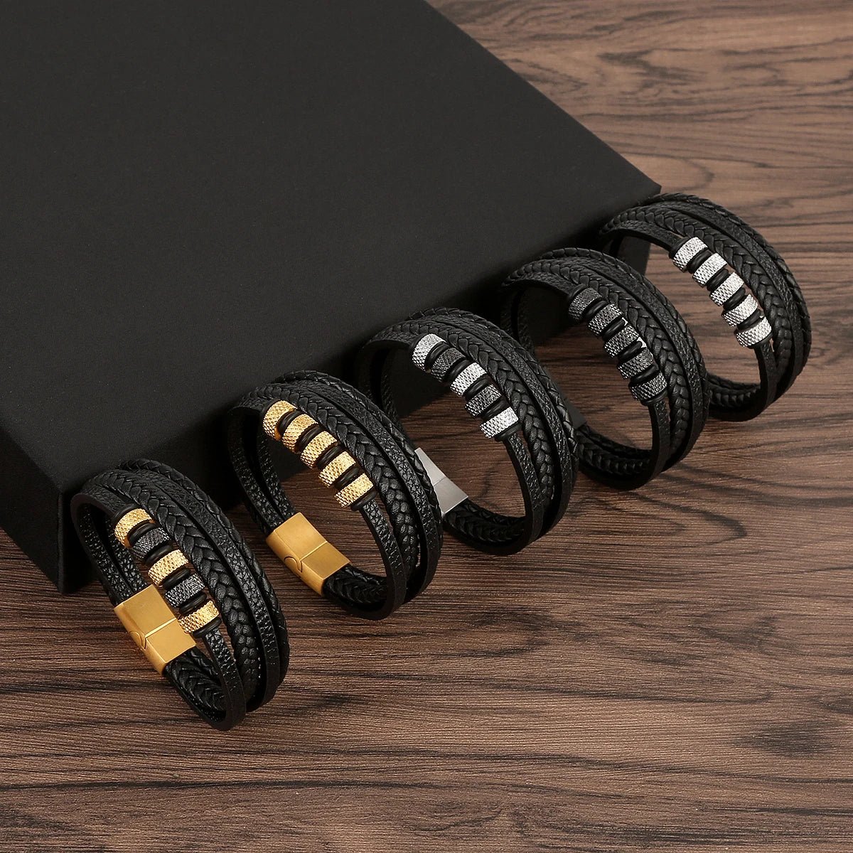 Bracelet Homme Cuir Luxe Multicouches Tissé À La Main - Bijoux De Lune