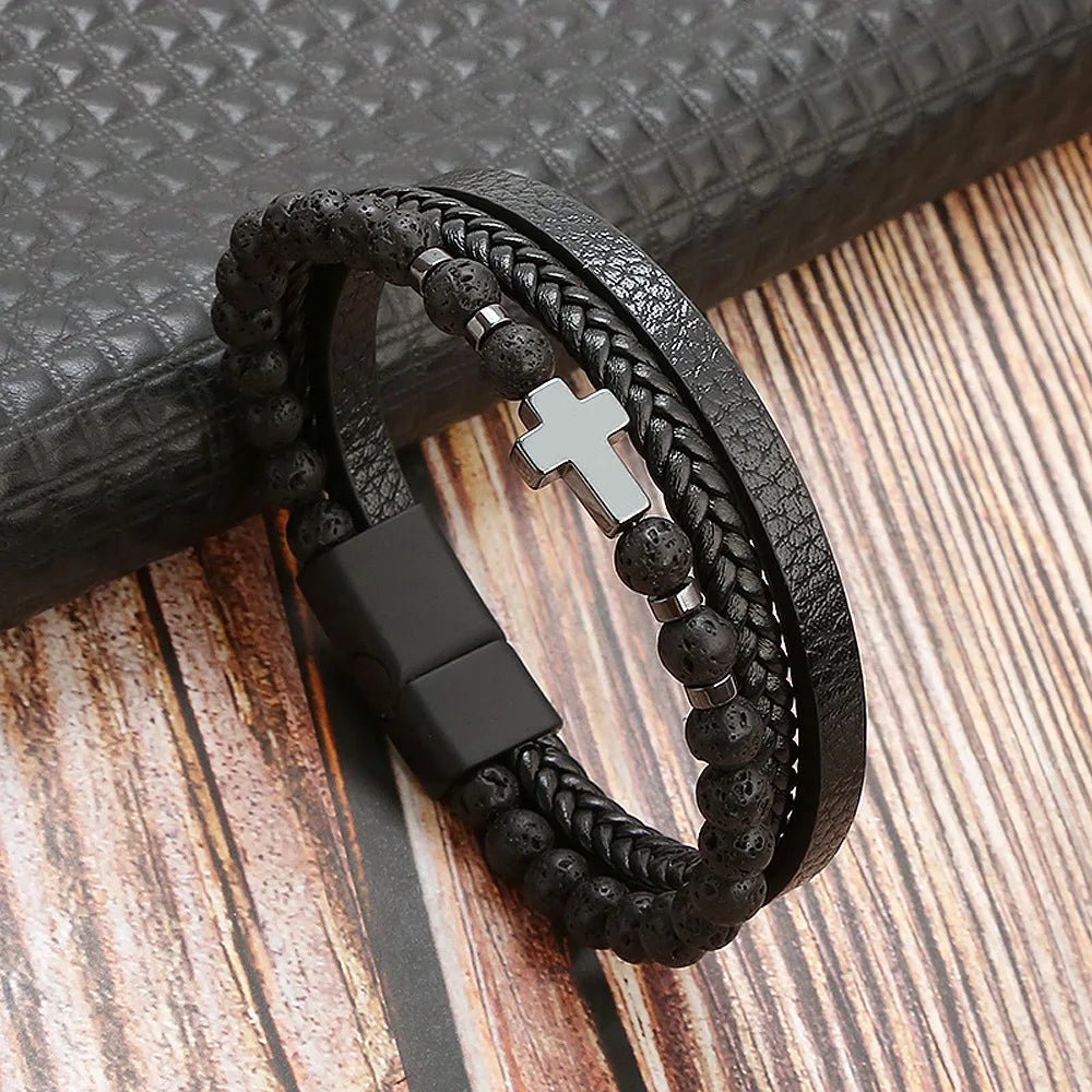 Bracelet Homme Cuir Luxe Multicouches Tissé À La Main - Bijoux De Lune