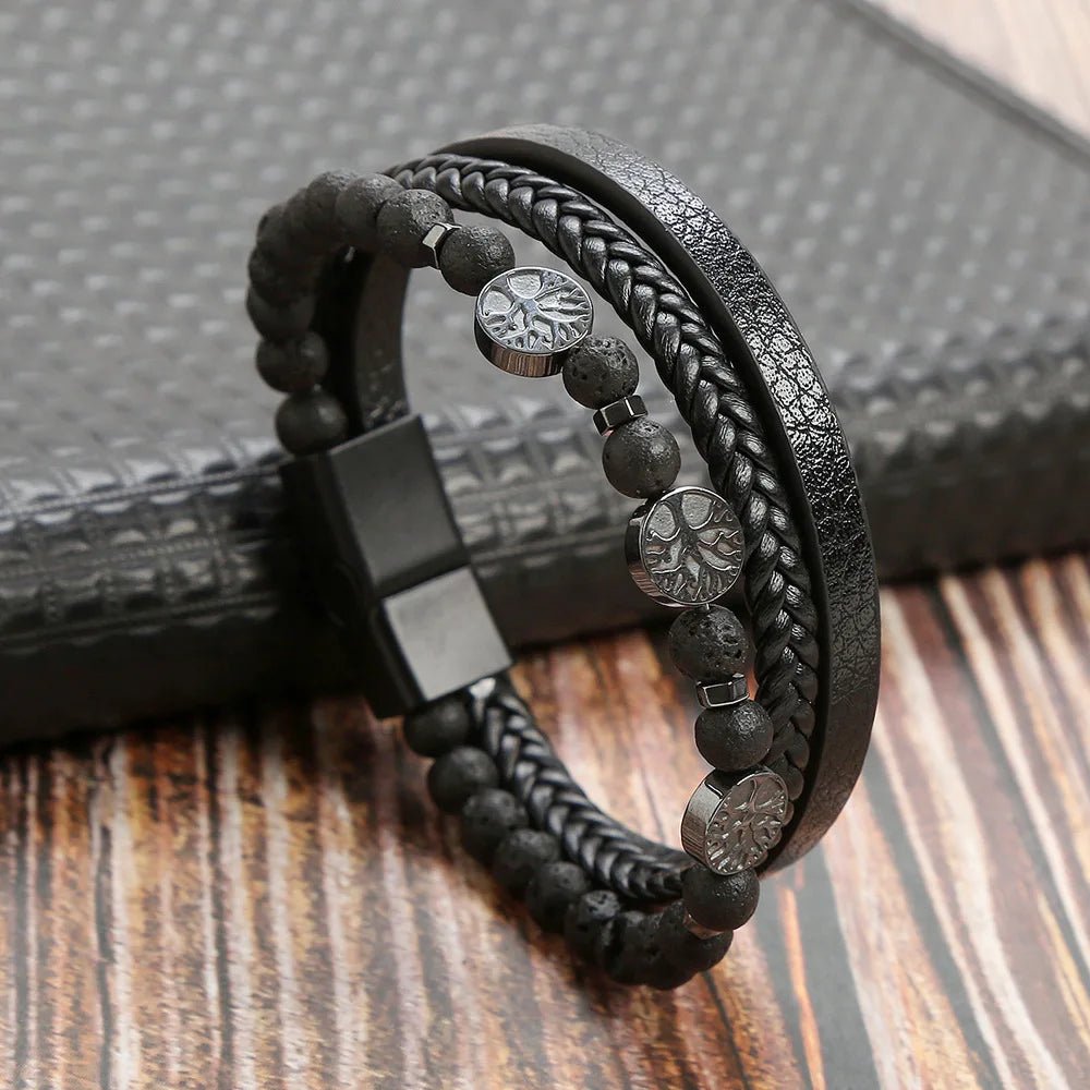 Bracelet Homme Cuir Luxe Multicouches Tissé À La Main - Bijoux De Lune