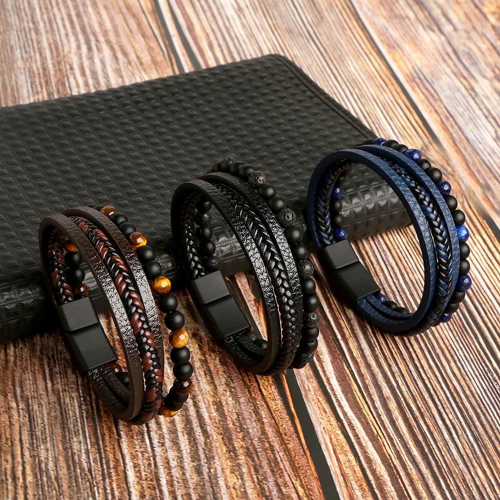Bracelet Homme Cuir Luxe Multicouches Tissé À La Main - Bijoux De Lune