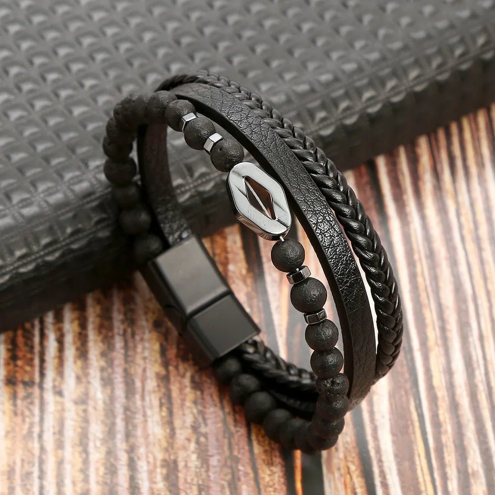 Bracelet Homme Cuir Luxe Multicouches Tissé À La Main - Bijoux De Lune