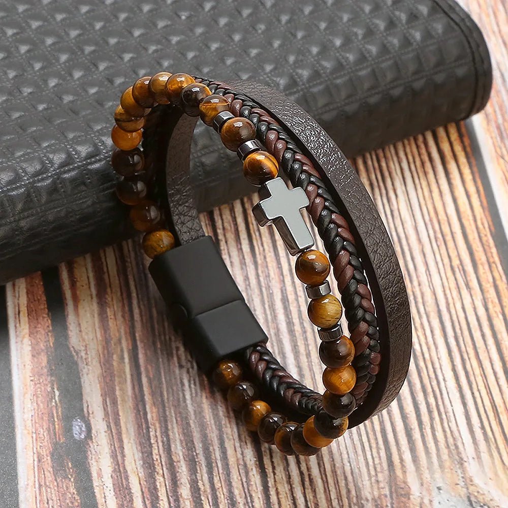 Bracelet Homme Cuir Luxe Multicouches Tissé À La Main - Bijoux De Lune