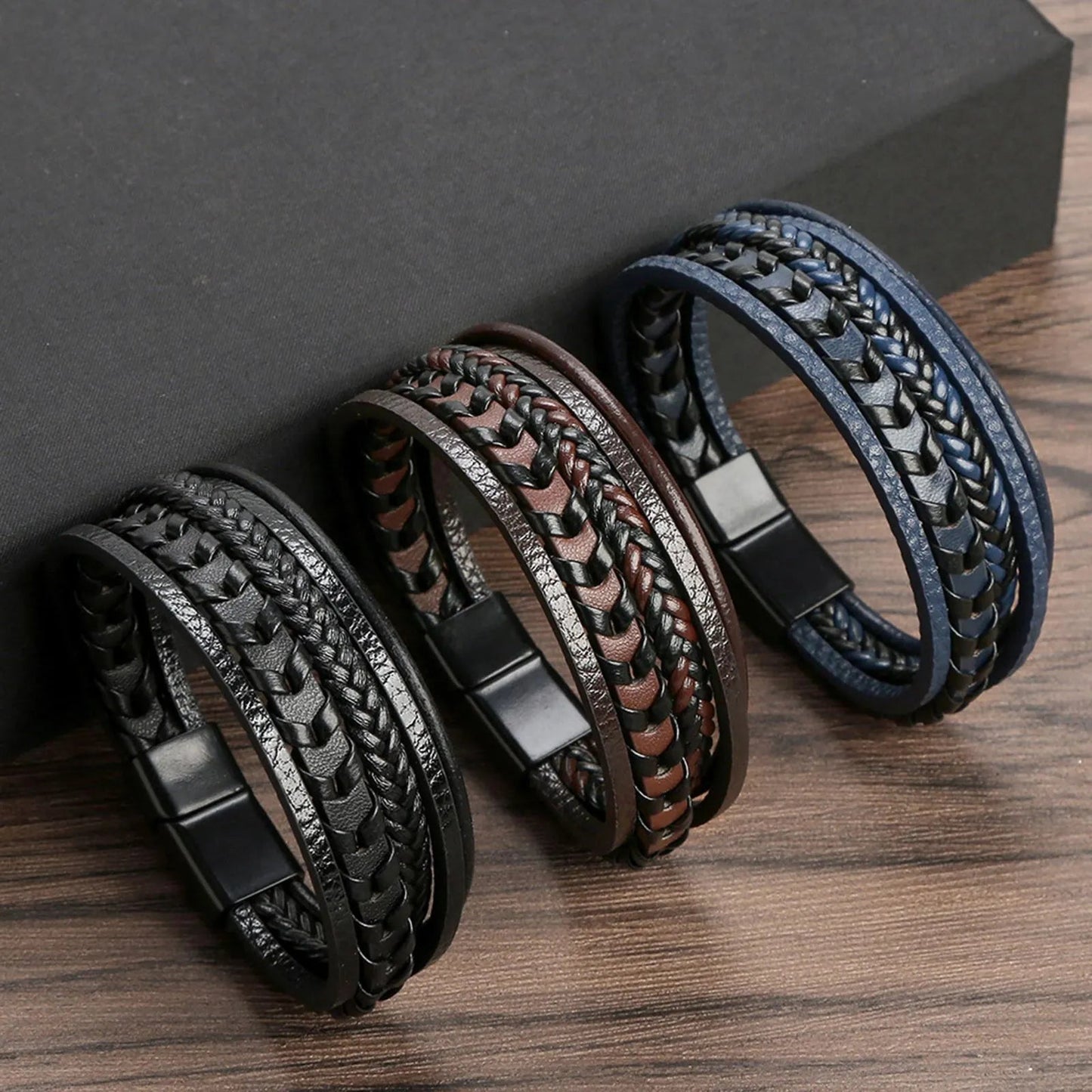 Bracelet Homme Cuir Luxe Multicouches Tissé À La Main - Bijoux De Lune