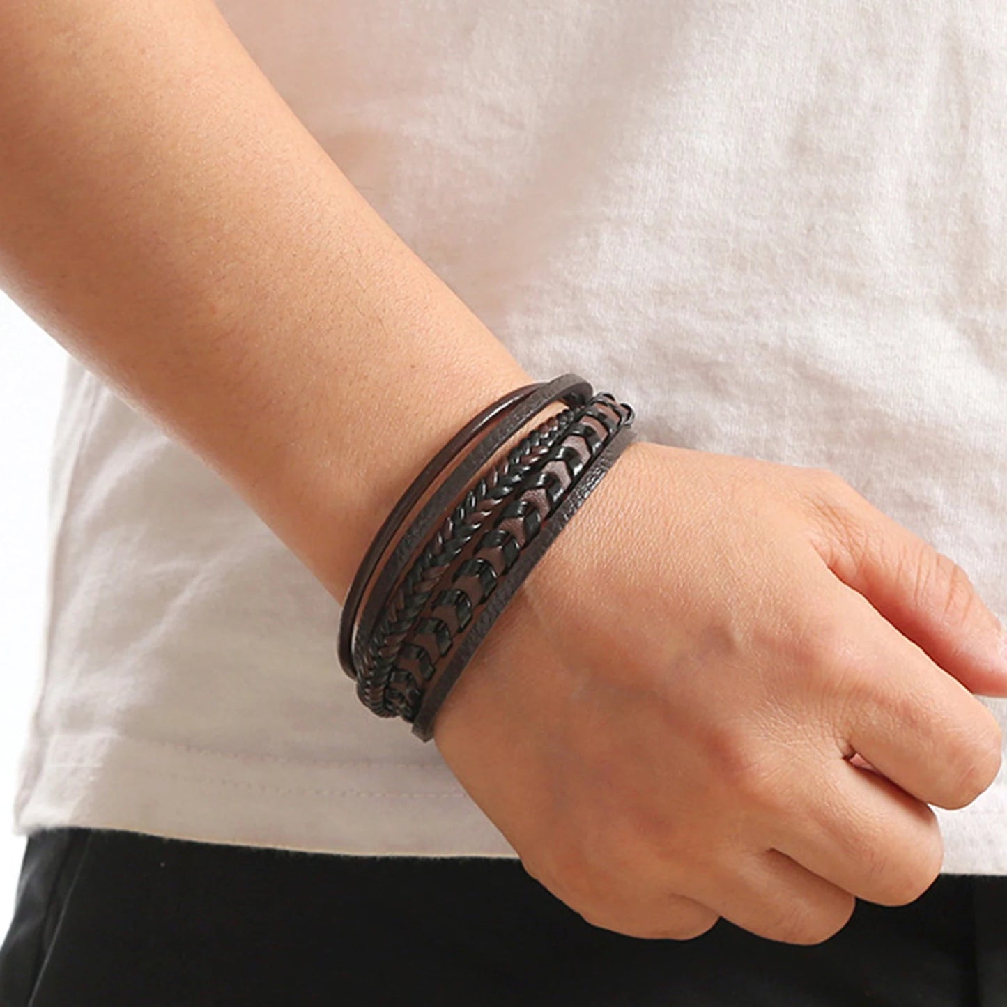 Bracelet Homme Cuir Luxe Multicouches Tissé À La Main - Bijoux De Lune