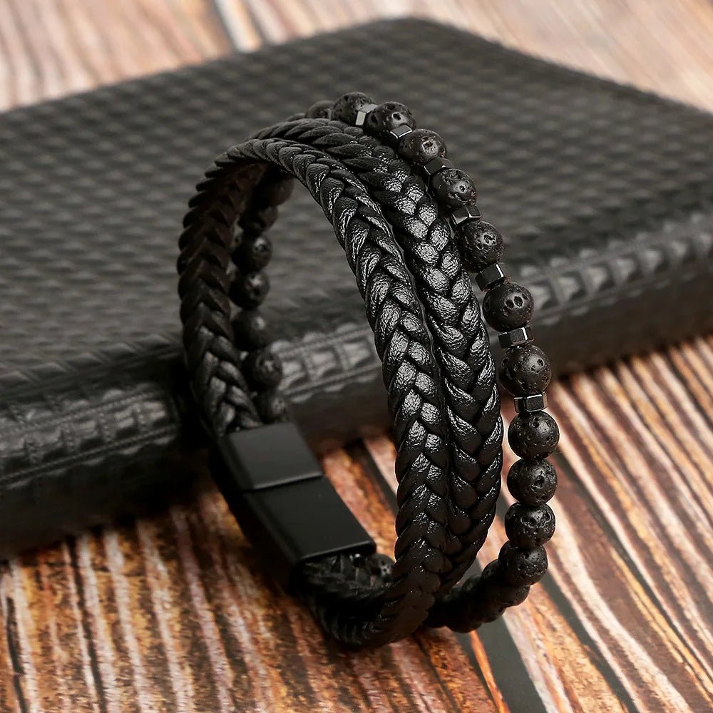 Bracelet Homme Cuir Luxe Multicouches Tissé À La Main - Bijoux De Lune