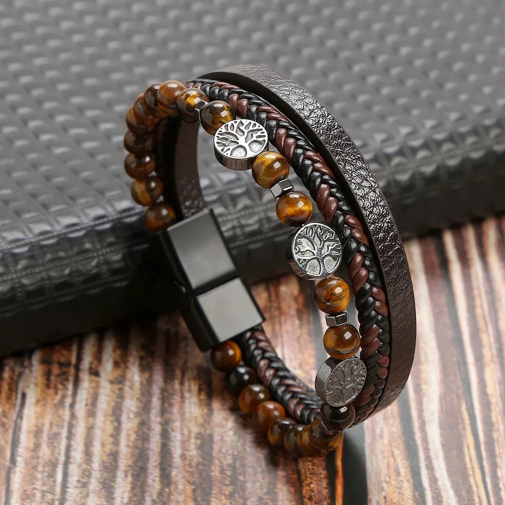 Bracelet Homme Cuir Luxe Multicouches Tissé À La Main - Bijoux De Lune