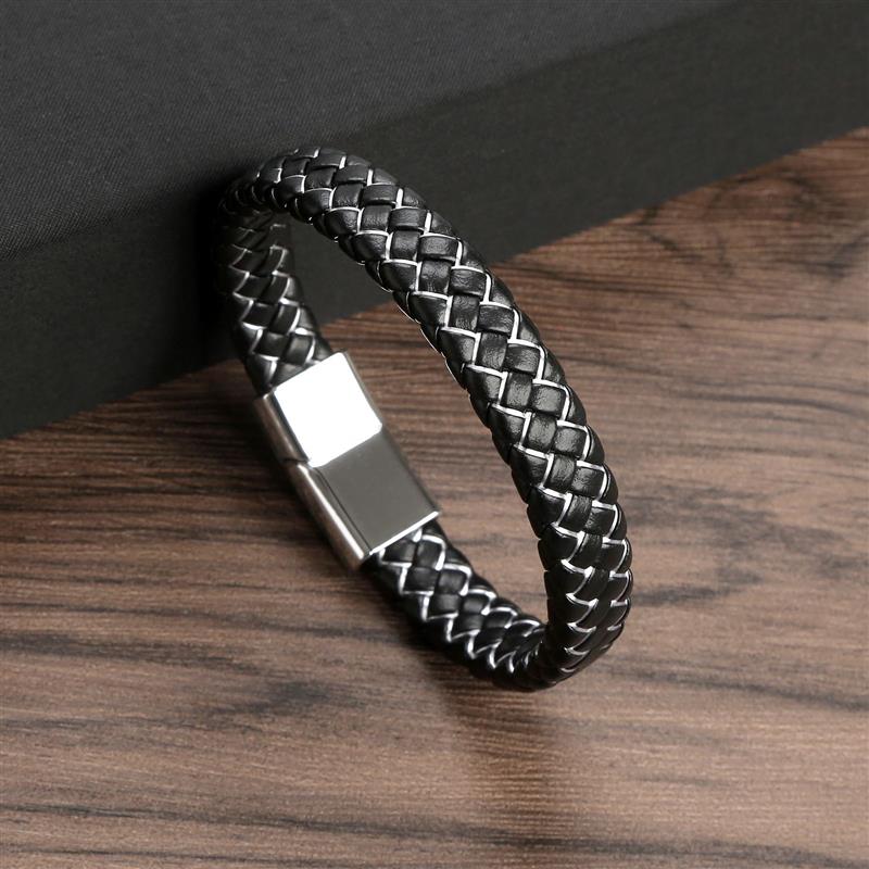 Bracelet Homme Cuir Tressé Noir/Marron Acier Inoxydable Fermoir Magnétique - Bijoux De Lune