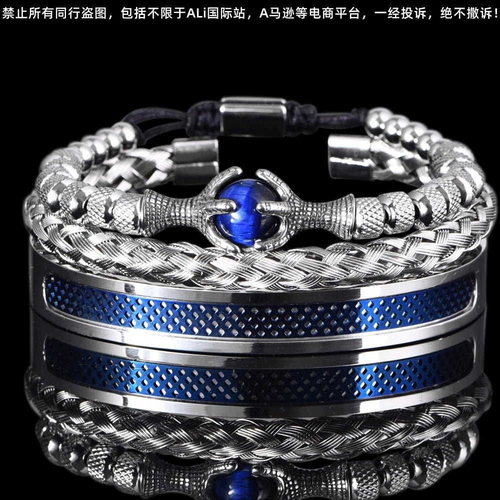 Bracelet Homme Luxe Acier Fait Main Avec Des Cordes d'Aigle En Pierre Naturelle Œil De Tigre - Bijoux De Lune