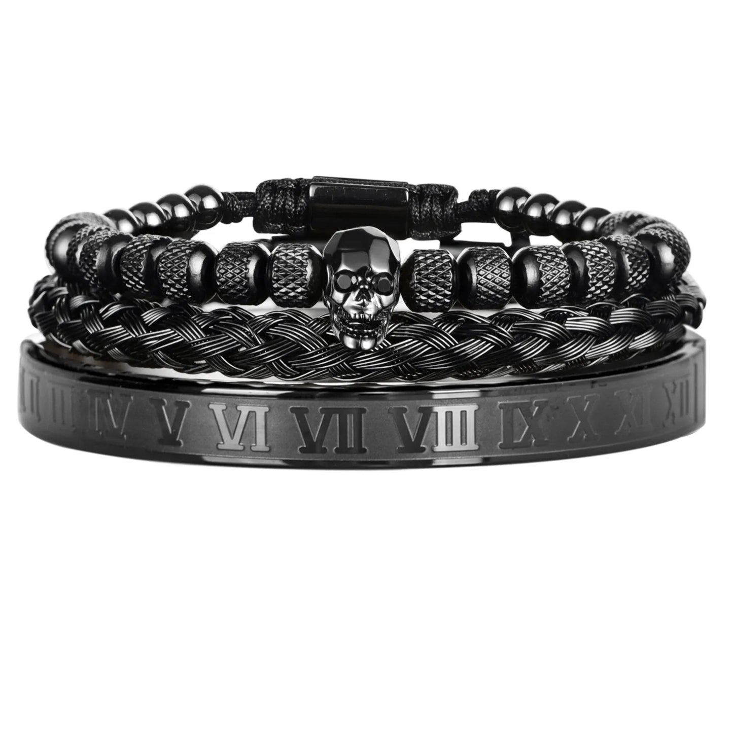 Bracelet Homme Luxe Crâne Charme Noir En Acier Inoxydable - Bijoux De Lune