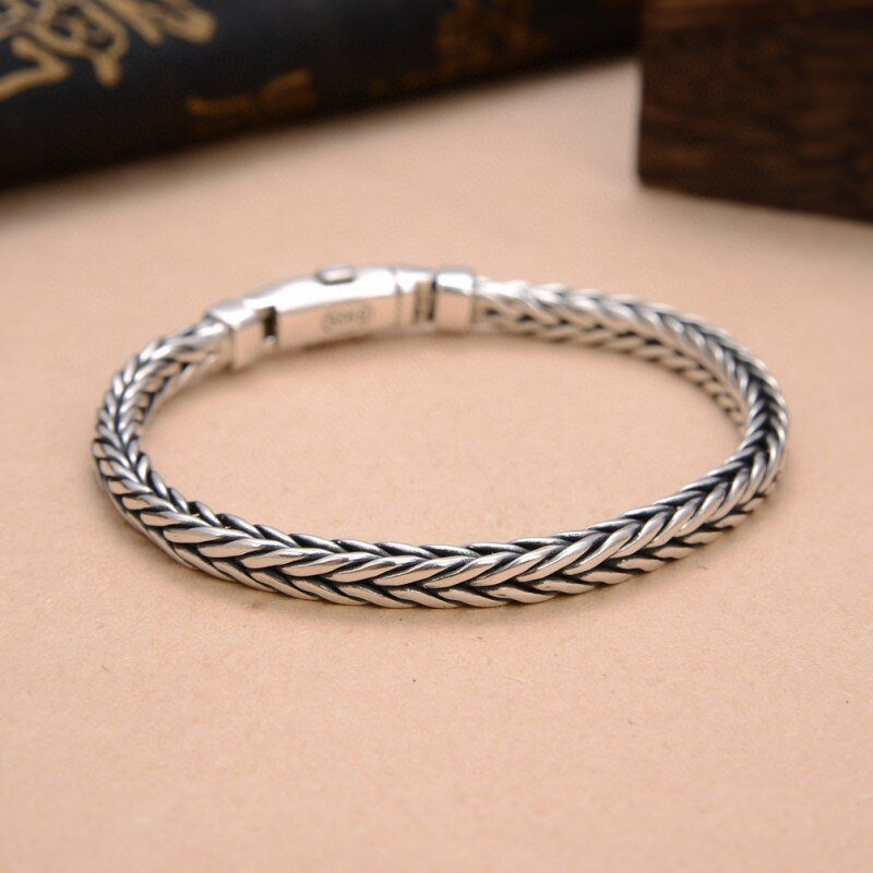 Bracelet Homme Luxe De Personnalité De Style Rétro Dominateur Tissés à La Main En Argent Pur S925 - Bijoux De Lune