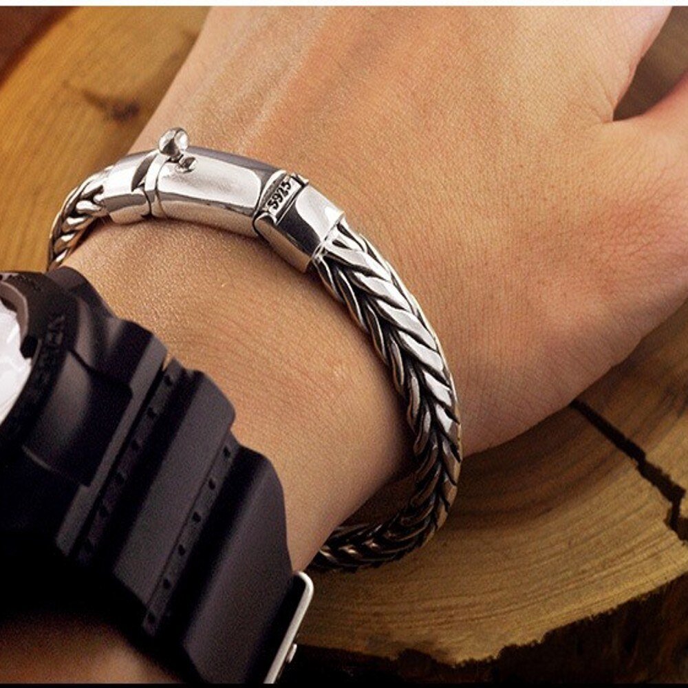 Bracelet Homme Luxe De Personnalité De Style Rétro Tissés à La Main En Argent Pur S925 - Bijoux De Lune