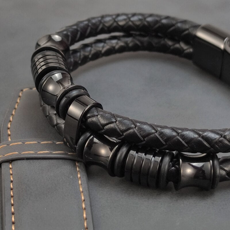 Bracelet Homme Luxe En Cuir Noir Véritable Avec Boucle Magnétique - Bijoux De Lune