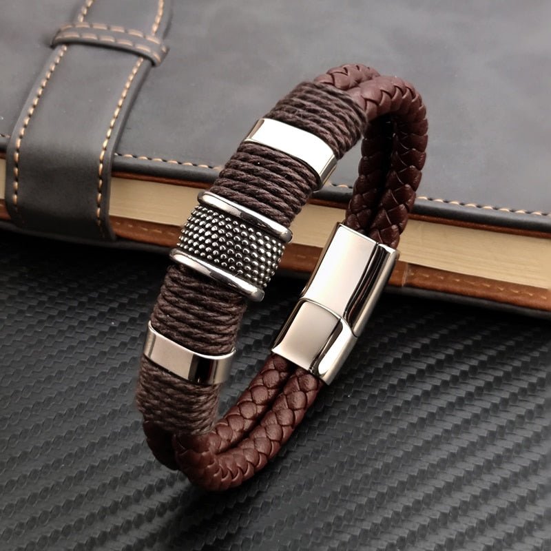 Bracelet Homme Luxe En Cuir Véritable Multicouche Vintage Et Punk Style - Bijoux De Lune