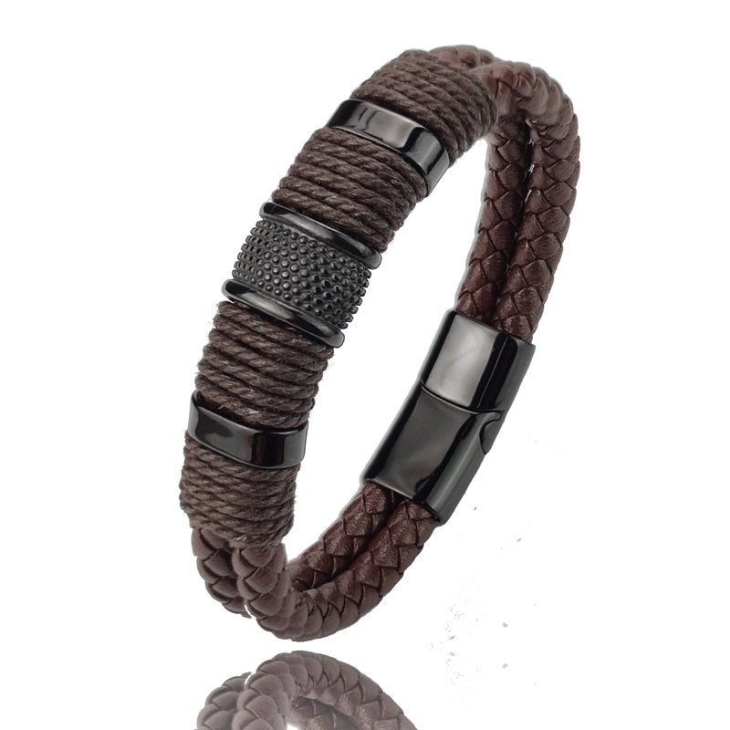 Bracelet Homme Luxe En Cuir Véritable Multicouche Vintage Et Punk Style - Bijoux De Lune