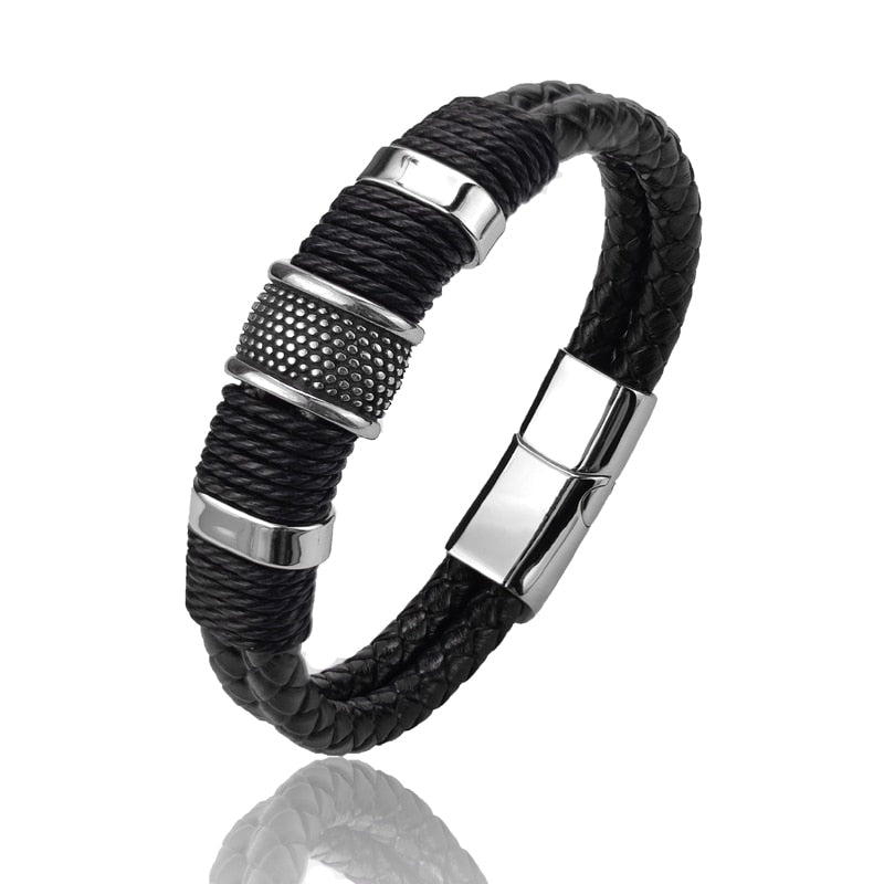 Bracelet Homme Luxe En Cuir Véritable Multicouche Vintage Et Punk Style - Bijoux De Lune