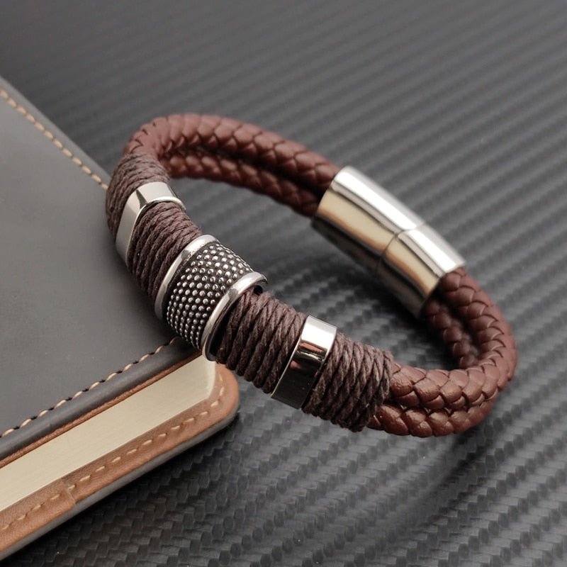 Bracelet Homme Luxe En Cuir Véritable Multicouche Vintage Et Punk Style - Bijoux De Lune
