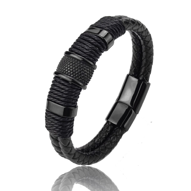 Bracelet Homme Luxe En Cuir Véritable Multicouche Vintage Et Punk Style - Bijoux De Lune