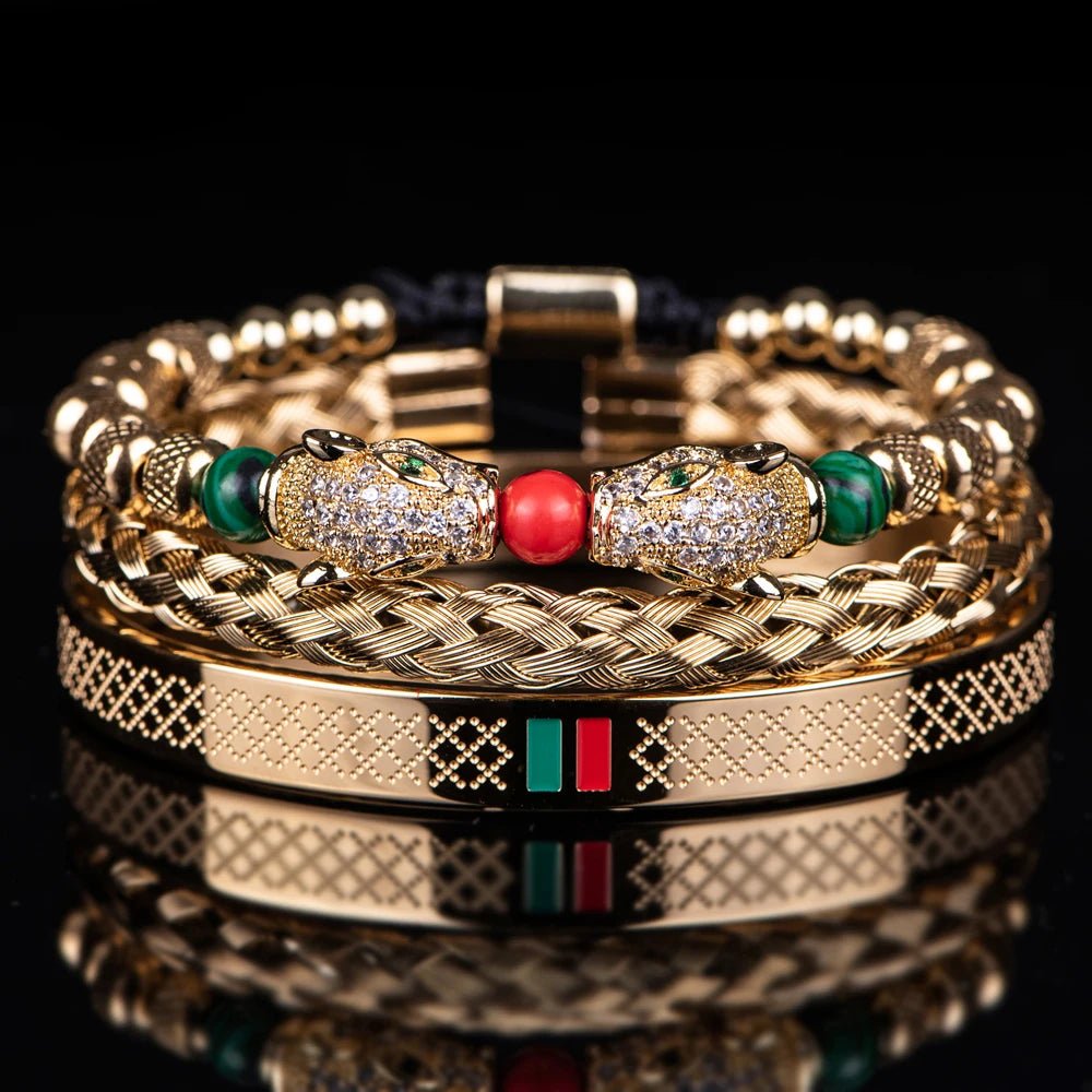 Bracelet Homme Luxe Tressé Fait Main En Double Tête De Léopard - Bijoux De Lune