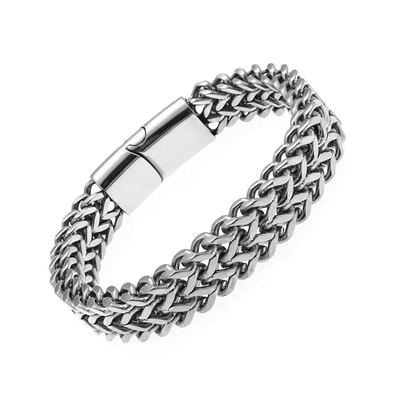 Bracelet Luxe Homme Tressé En Acier Inoxydable, Couleur Argent, Fermeture Magnétique - Bijoux De Lune