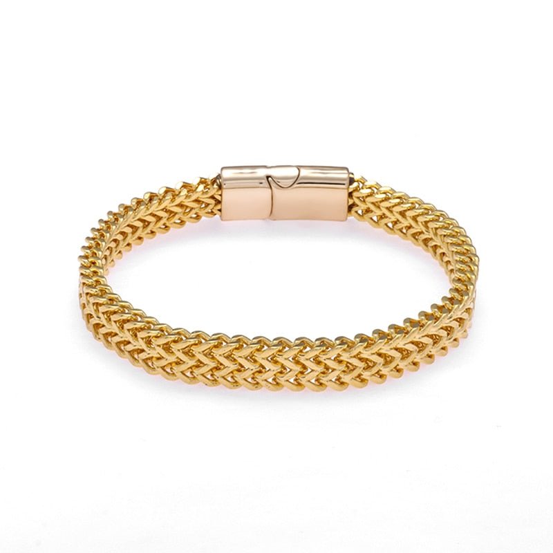 Bracelet Luxe Homme Tressé En Acier Inoxydable, Couleur Argent, Fermeture Magnétique - Bijoux De Lune