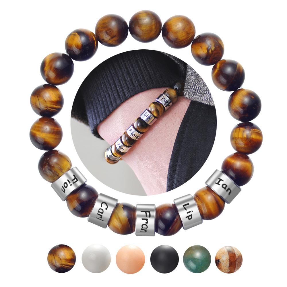 Bracelet Personnalisé Homme De Perles De Pierre Naturelle Les Nom De Famille Sculpté Perle Oeil De Tigre - Bijoux De Lune