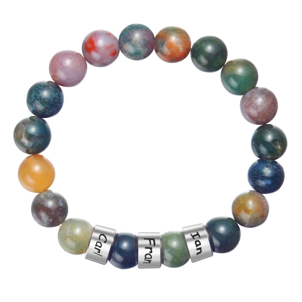 Bracelet Personnalisé Homme De Perles De Pierre Naturelle Les Nom De Famille Sculpté Perle Oeil De Tigre - Bijoux De Lune
