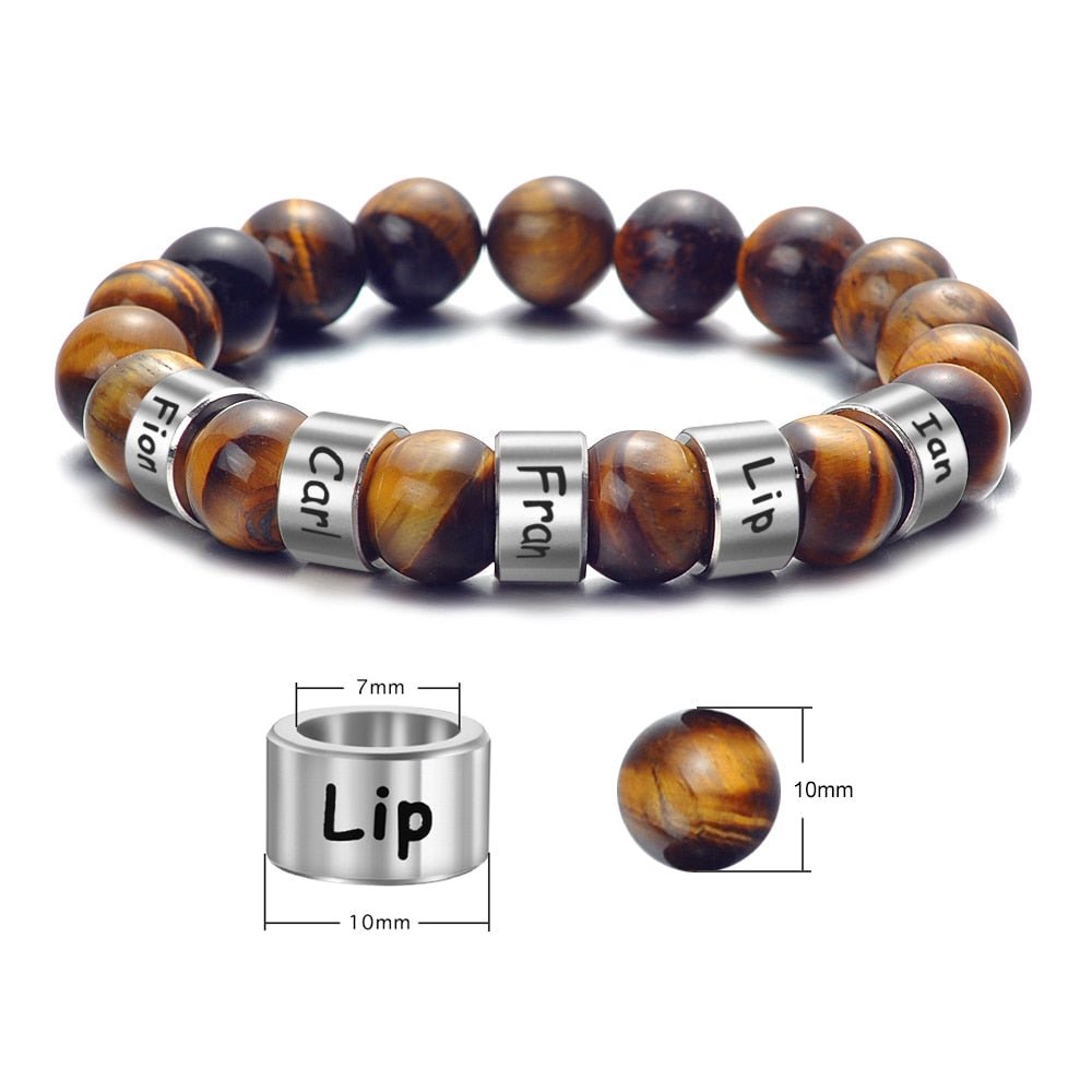 Bracelet Personnalisé Homme De Perles De Pierre Naturelle Les Nom De Famille Sculpté Perle Oeil De Tigre - Bijoux De Lune