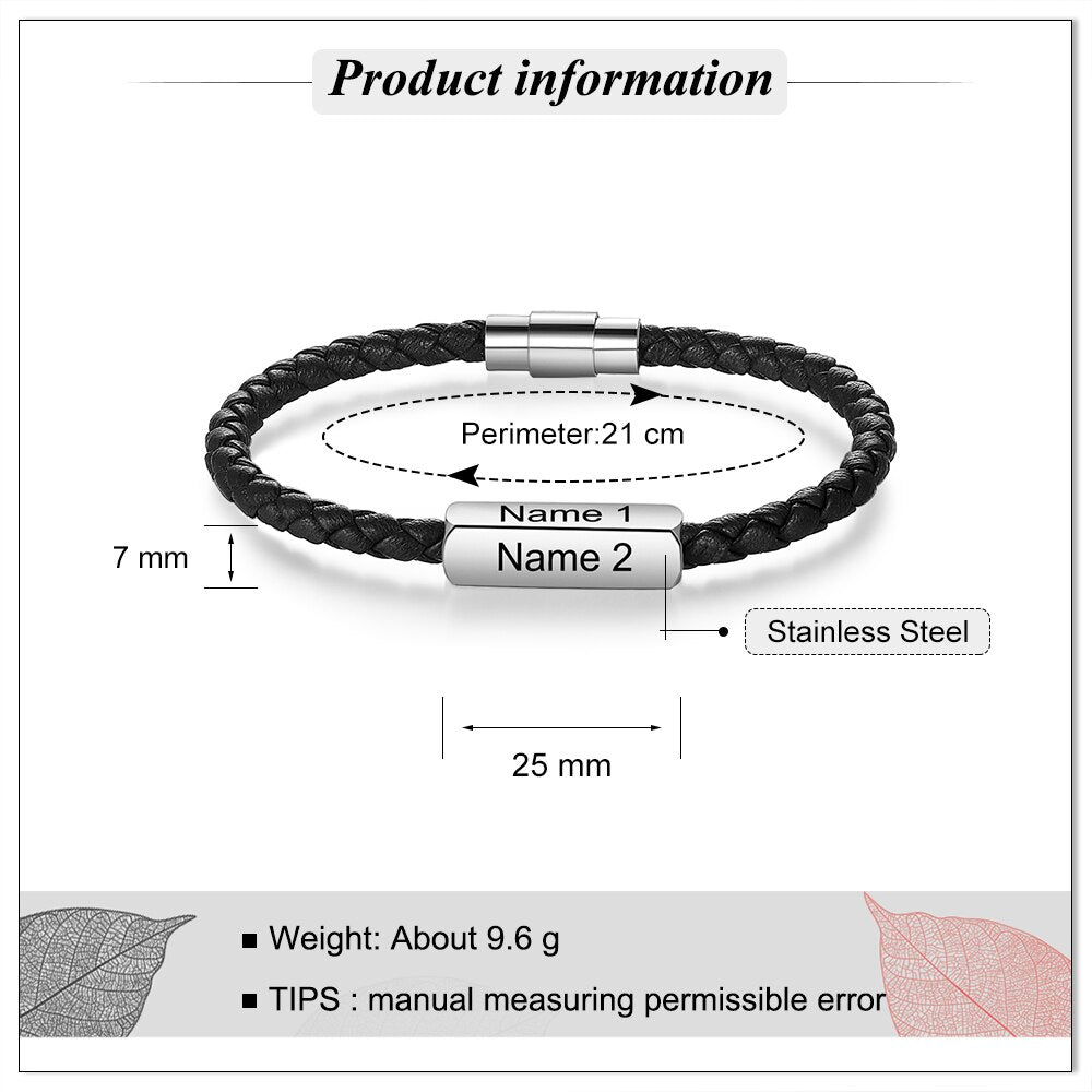 Bracelet Personnalisé Homme En Acier Inoxydable Tressé Noir En Cuir - Bijoux De Lune