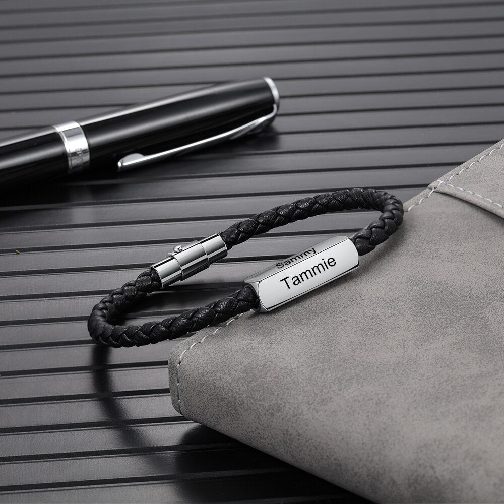 Bracelet Personnalisé Homme En Acier Inoxydable Tressé Noir En Cuir - Bijoux De Lune