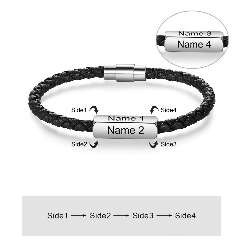 Bracelet Personnalisé Homme En Acier Inoxydable Tressé Noir En Cuir - Bijoux De Lune