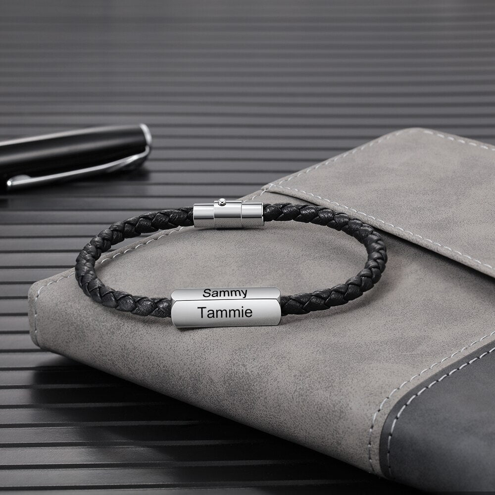 Bracelet Personnalisé Homme En Acier Inoxydable Tressé Noir En Cuir - Bijoux De Lune