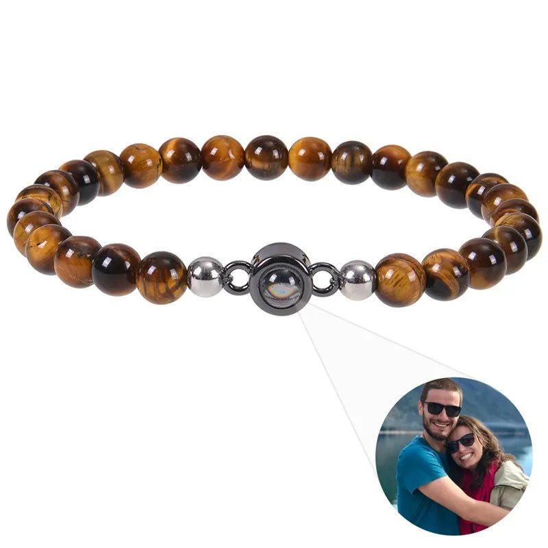 Bracelet Photo Personnalisé Homme En Perles En Oeil De Tigre - Bijoux De Lune