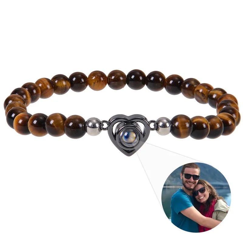 Bracelet Photo Personnalisé Homme En Perles En Oeil De Tigre - Bijoux De Lune