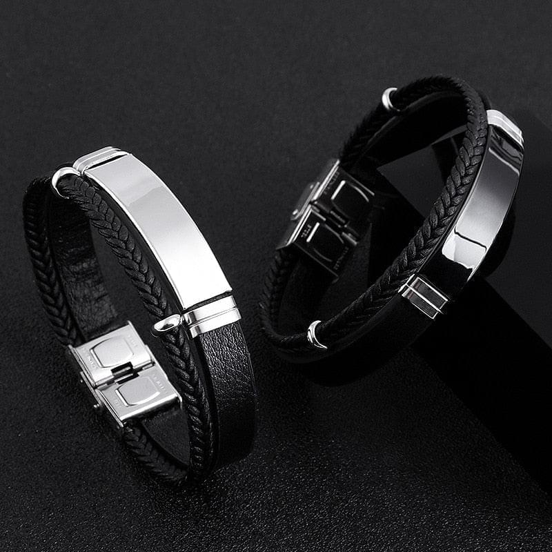 Bracelet Tricoté Cuir Personnalisé Pour Homme Manchette Acier Inoxydable Gravé Nom ou Symbole - Bijoux De Lune