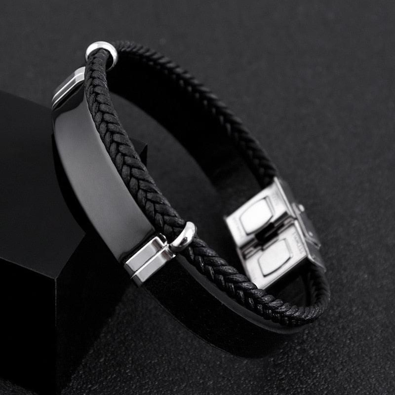 Bracelet Tricoté Cuir Personnalisé Pour Homme Manchette Acier Inoxydable Gravé Nom ou Symbole - Bijoux De Lune