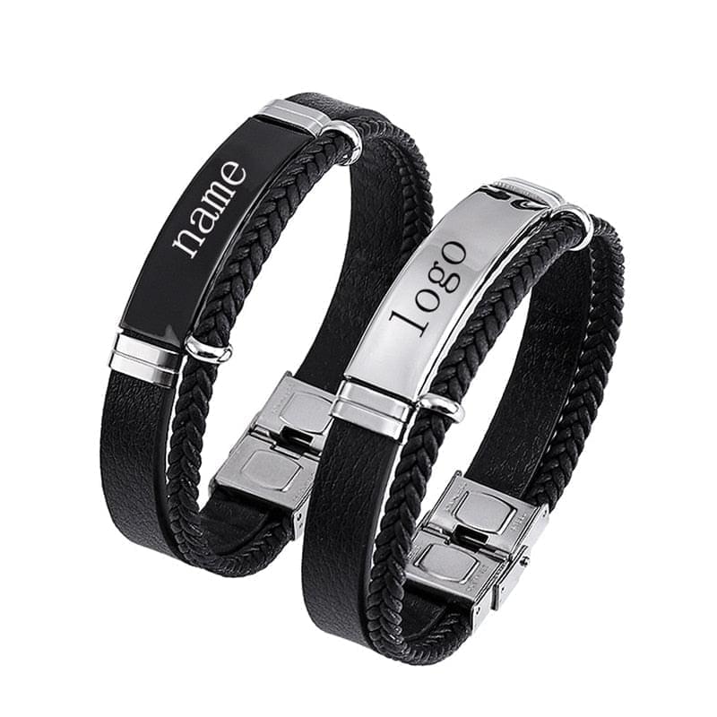 Bracelet Tricoté Cuir Personnalisé Pour Homme Manchette Acier Inoxydable Gravé Nom ou Symbole - Bijoux De Lune