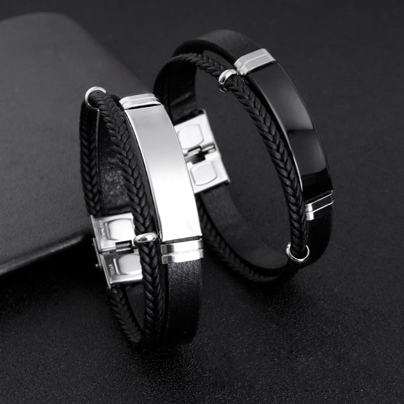 Bracelet Tricoté Cuir Personnalisé Pour Homme Manchette Acier Inoxydable Gravé Nom ou Symbole - Bijoux De Lune