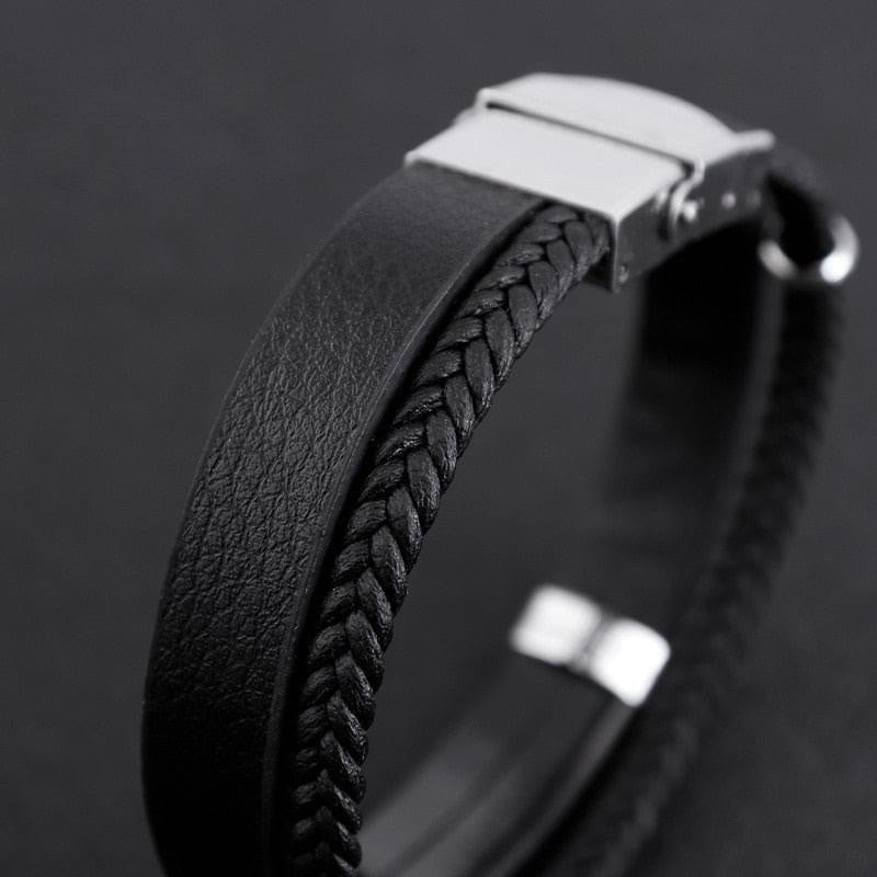 Bracelet Tricoté Cuir Personnalisé Pour Homme Manchette Acier Inoxydable Gravé Nom ou Symbole - Bijoux De Lune