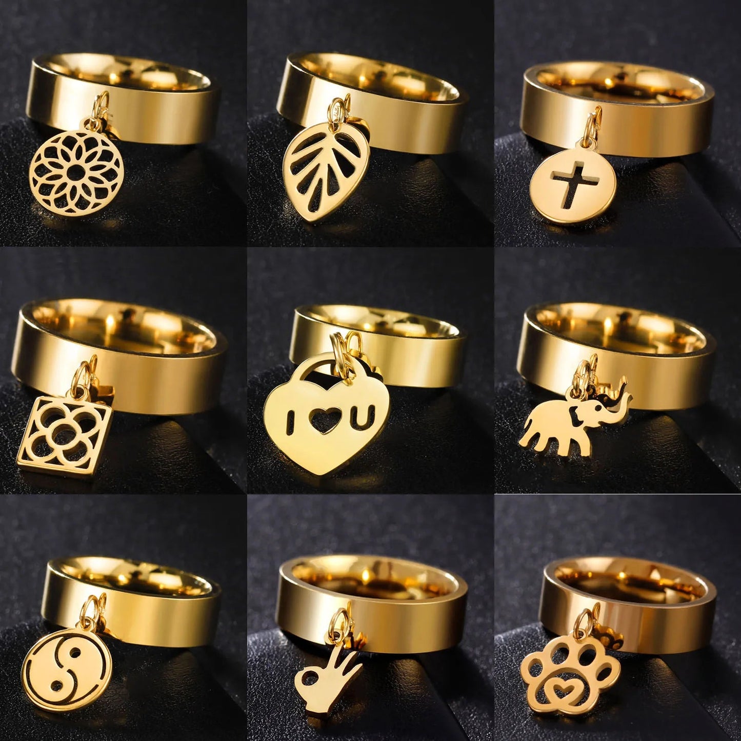 bague femme, bague acier inoxydable, bague avec pendentif, bijou femme moderne, bague fleur, bague feuille, bague patte d’araignée, bijou original femme, bague tendance, accessoire mode élégant