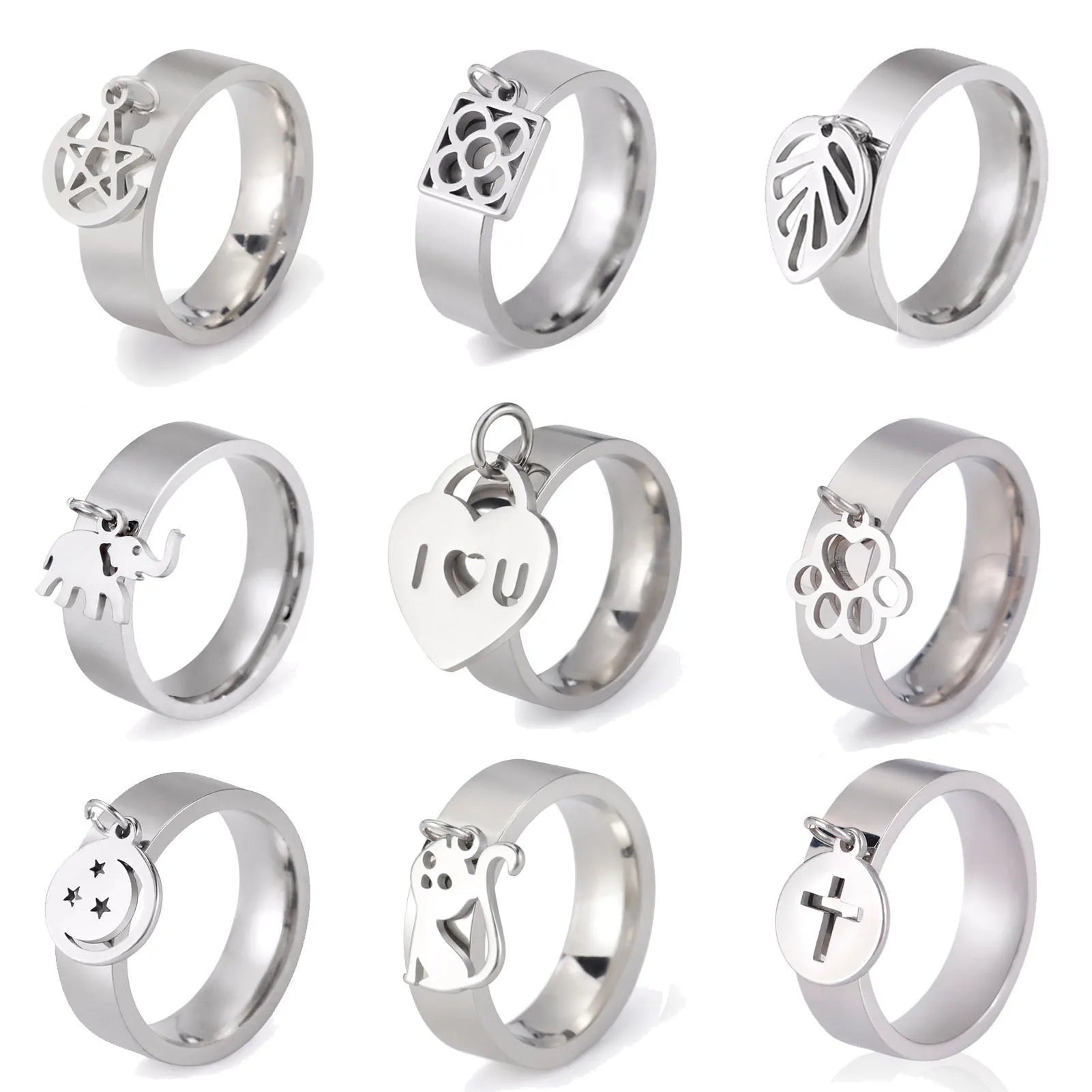 bague femme, bague acier inoxydable, bague avec pendentif, bijou femme moderne, bague fleur, bague feuille, bague patte d’araignée, bijou original femme, bague tendance, accessoire mode élégant