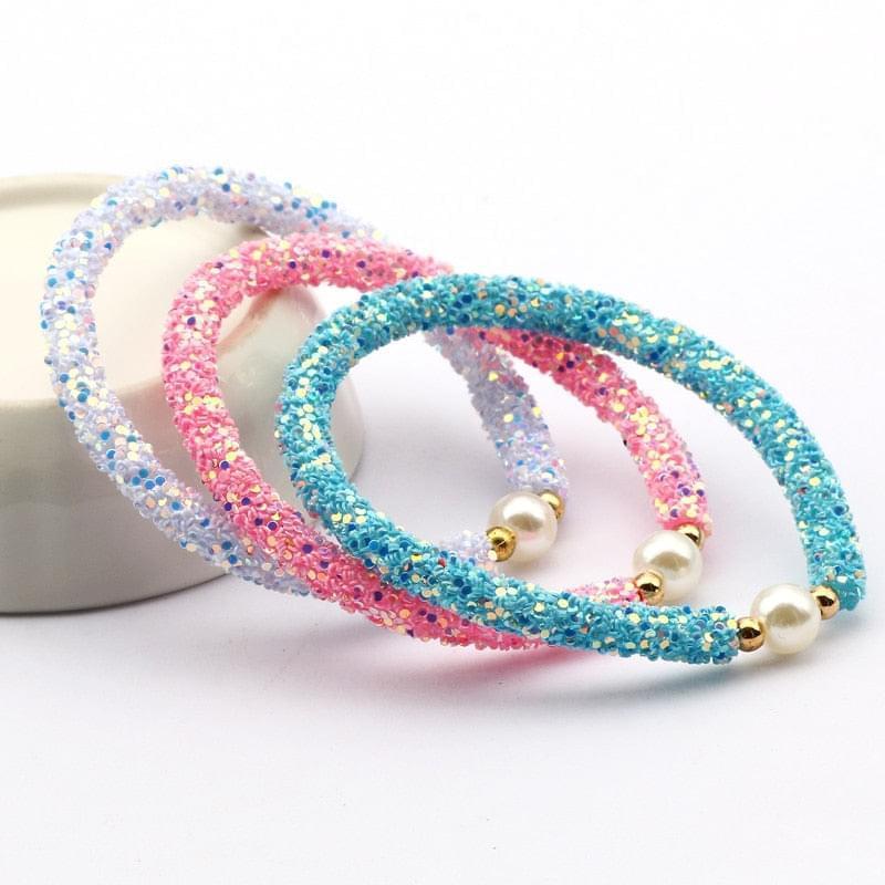 3pcs Blanc Bleu Rose Mignon Perle Paillettes Perles Brillantes Enfants Bracelet - Bijoux De Lune