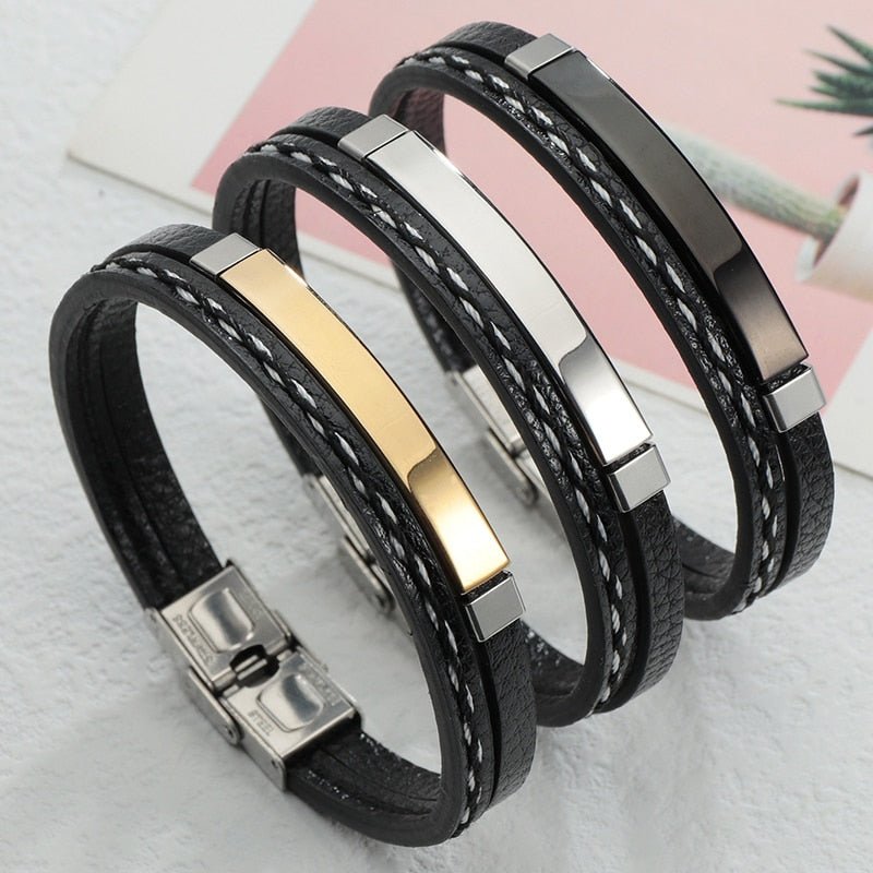 Bracelet Cuir Personnalisé Homme Couleur Argent, Or Et noire - Bijoux De Lune