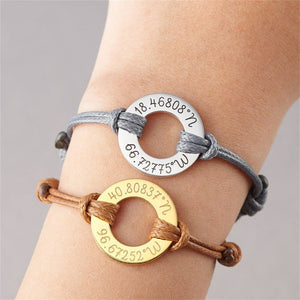 Bracelet Couple Distance Personnalisé Cordon Réglable Manchette Médaille