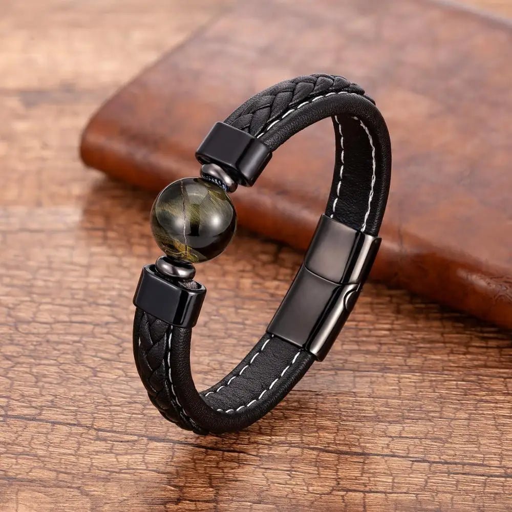 Bracelet Homme Cuir Luxe Avec Pierre Naturelle - Bijoux De Lune