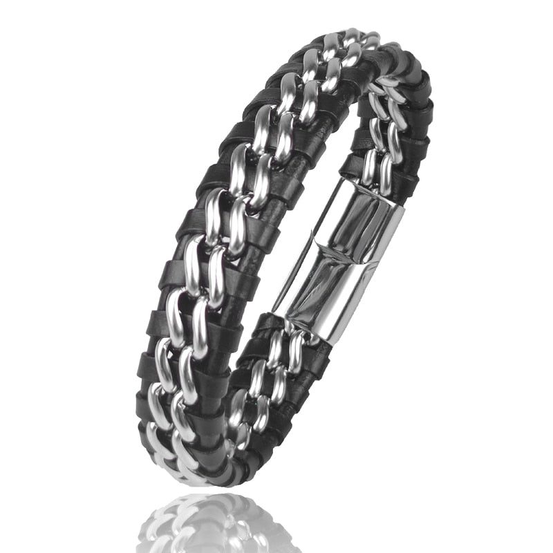 Bracelet Homme Cuir Luxe Boucle Acier Magnétique Plaqué Or - Bijoux De Lune