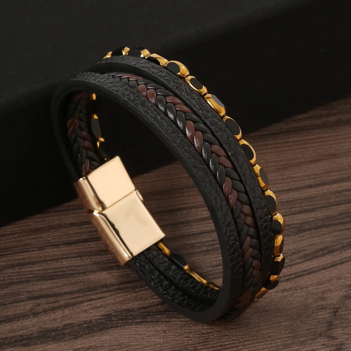 Bracelet Homme Cuir Luxe Multicouches Tissé À La Main - Bijoux De Lune